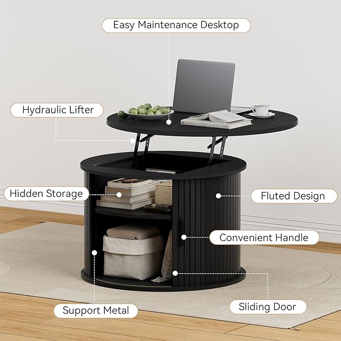 FABATO Round Lift Top Coffee Table, Fluted Wood Accent Coffee Table