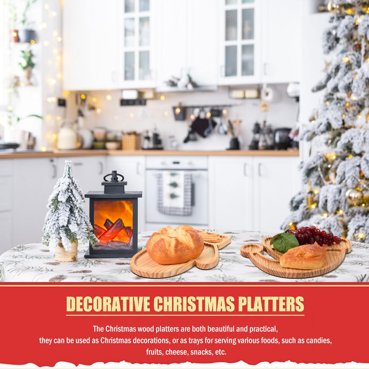 FOBSME 2 Pcs Christmas Serving Trays Santa Hat and Winter Mitten Shape Charcuterie Boards Decorative Wooden Serving Platter Pine Wood Snack Dish Plates for Xmas Holiday Housewarming Present,12.6 Inch