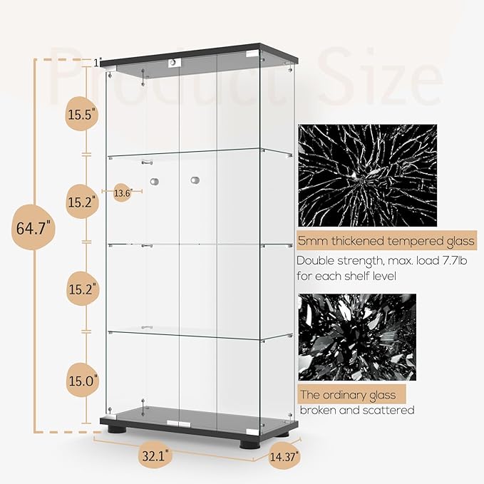 Display Cabinet with Glass Door and Lock, 4-Shelf Fast Installation in 30 Mins