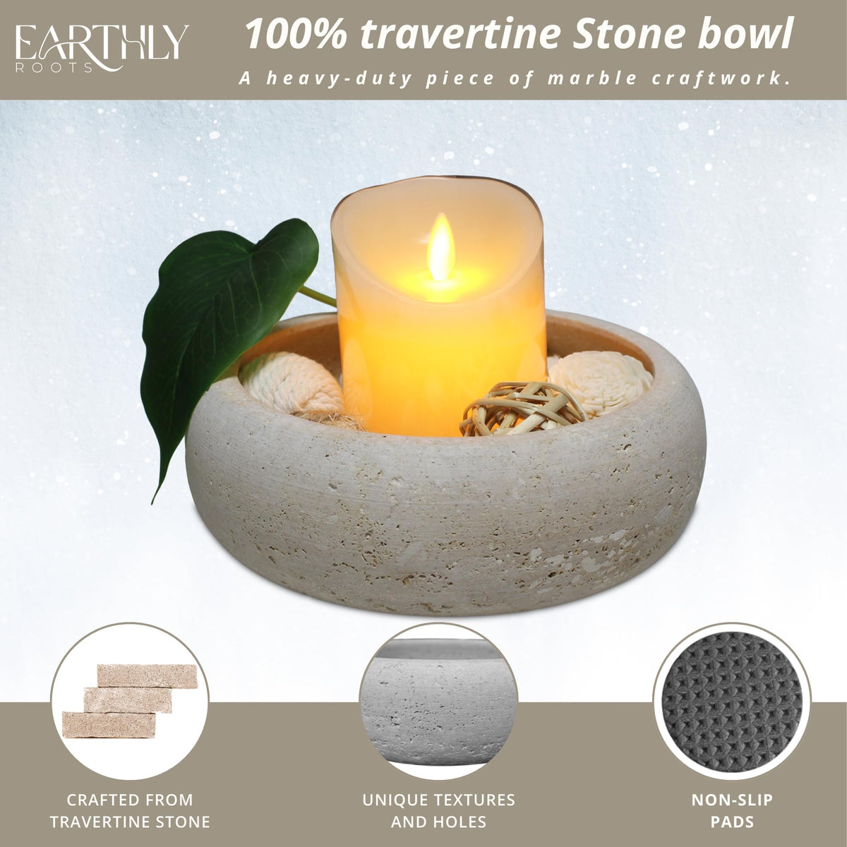 EARTHLY ROOTS Travertine Decorative Bowl, 7.5” Natural Stone Candy Bowl, Coffee Table Catchall Dish for Living Room, Candle, Key, Trinket Holder & Hand Crafted Home Decor