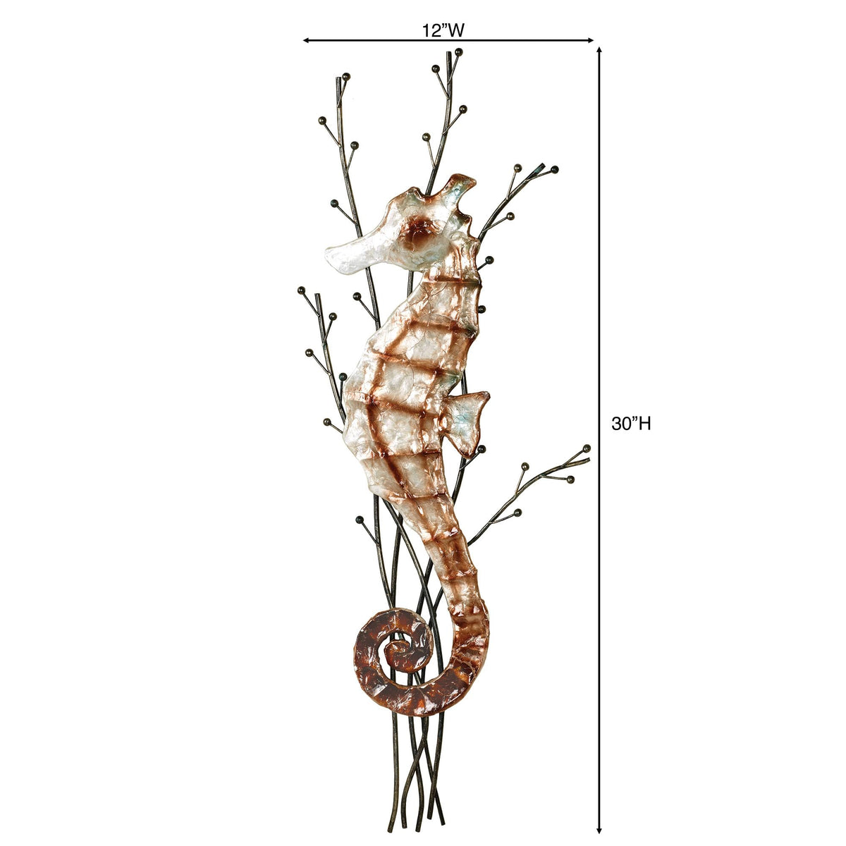 Touch of Class Atlantic Seahorse Metal Wall Sculpture Brown One Size - Coastal Style - Ocean Theme Decor - Metal and Capiz Shell Nautical Beach Themed Art for Bathroom, Bedroom - 31 Inches High