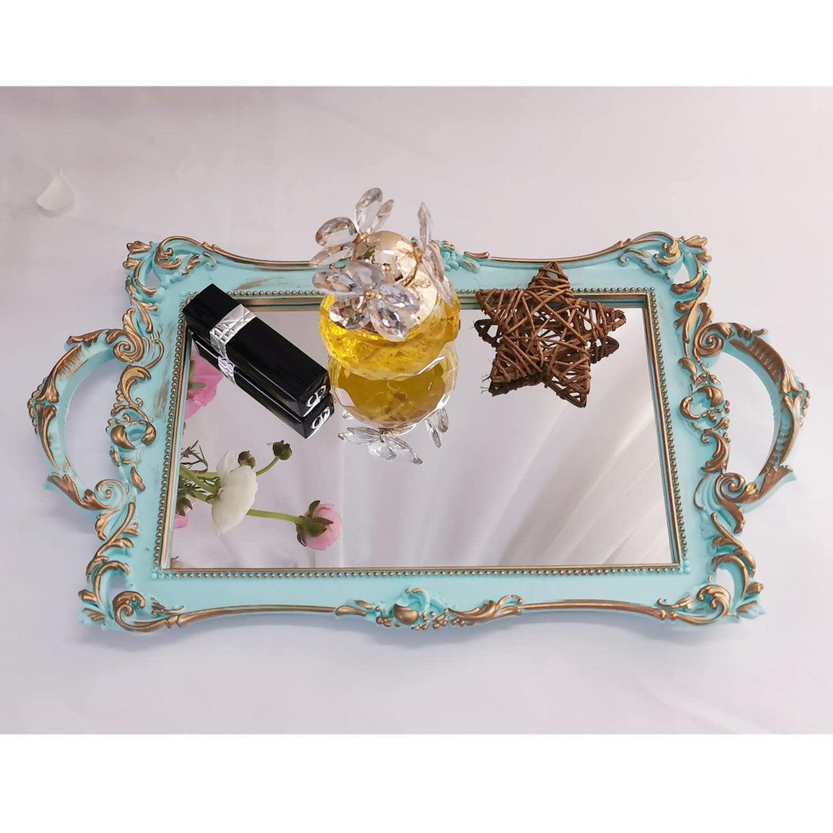 Yamfurga Small Rectangle Decorative Mirror Tray, French Style, Makeup Organizer, Jewelry Organizer, Serving Tray, 13"x 7.8", Golden Blue