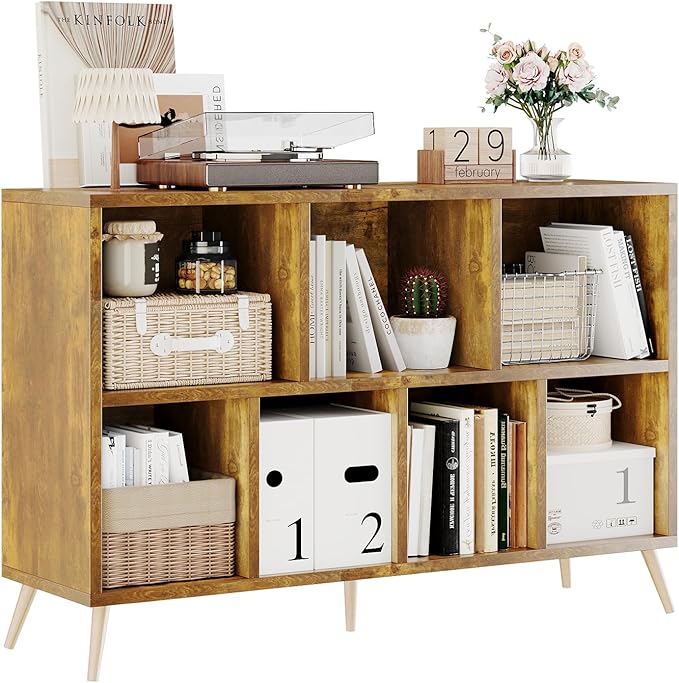7-Cube Storage Organizer with Natural Wood Legs, Mid-Century Modern Bookcase