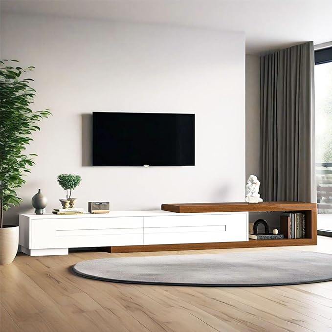 Extendable TV Stand with 2 Drawers, Long Reversible Entertainment Center with