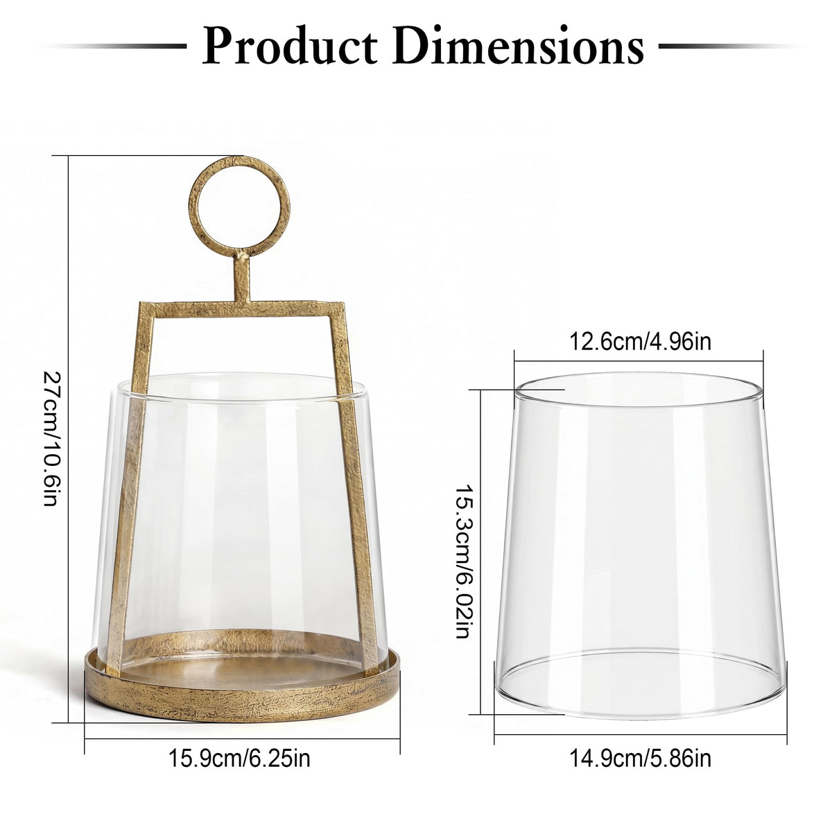 Modern Farmhouse Hurricane Candle Holder, Antique Brass Metal Centerpiece with Sturdy Glass Sleeve, Tabletop Geometric Lantern for Pillar Candles, Plants & Home Decor (6" x 10")