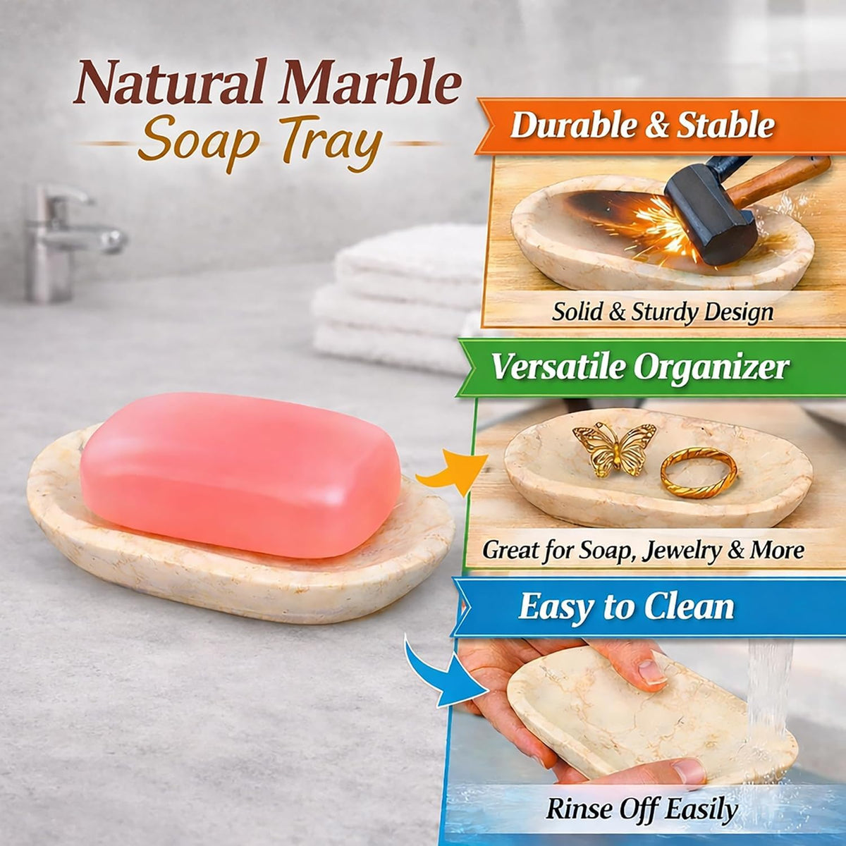 Creative Home Natural Champagne Marble Soap Dish for Bar Soap, Compact Beige Stone Soap Holder for Bathroom Sink and Shower Shelf, Solid Marble, 5.8 x 3.8 x 0.9 in