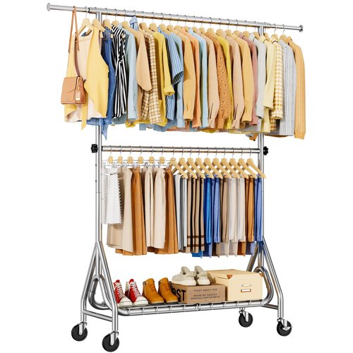 JIEJIERUI Heavy Duty Clothes Rack for Hanging Clothes, Double Rods Clothing Rack with Lockable Wheels, Rolling Garment Racks with Shelf, Easy to Assemble, Silver