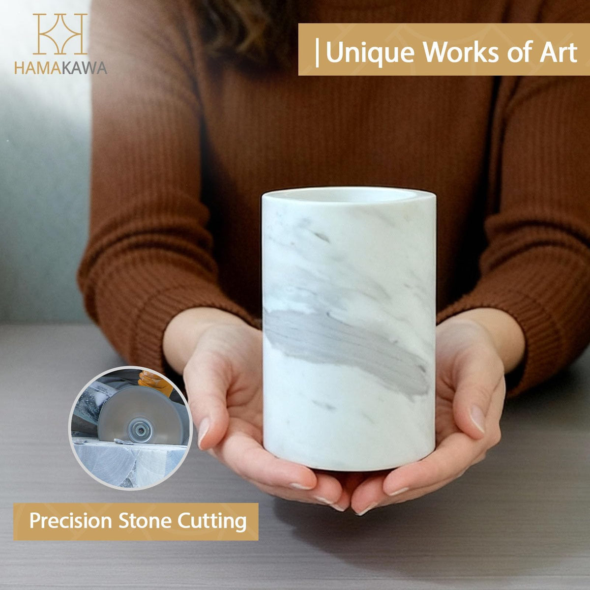 HAMAKAWA Natural Marble Toothbrush Holder, Volakas White Toothbrush Tube for Bathroom, Makeup Shelf, Counter, Bedroom and Dresser