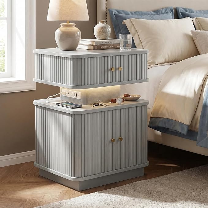 Nightstand with Charging Station, Modern Night Stand with Smart Led Light and 2