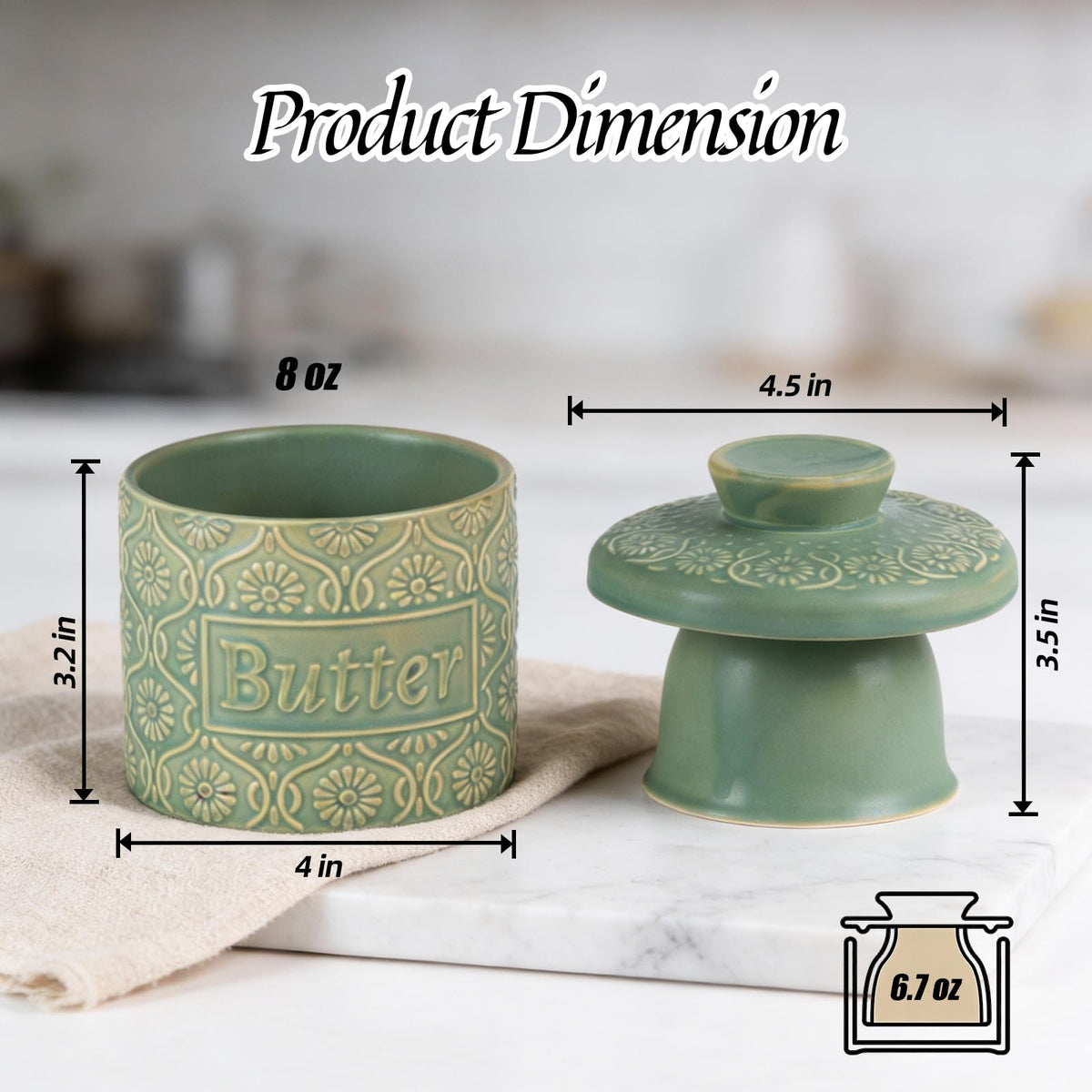 KAMMAK Butter Crock with Lid - Ceramic Butter Keeper for Countertop, Soft Spreadable Butter Dish with Water Line, Housewarming Gifts, Kitchen and Home Decor, Kiln-Changed Green - 6.7oz