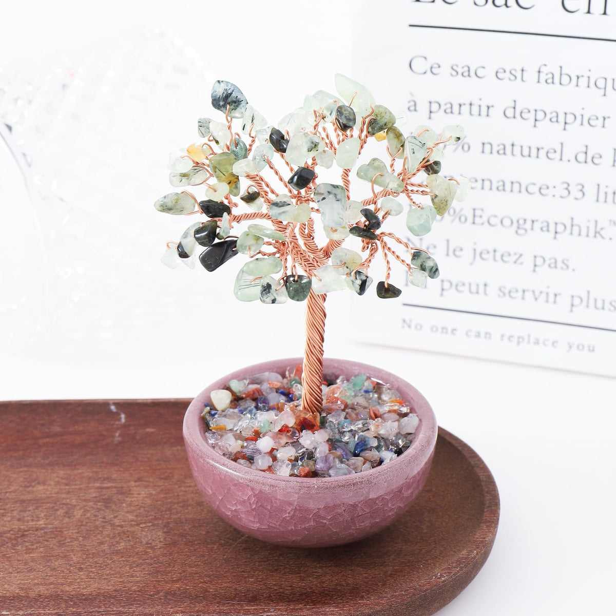 1PC Natural Prehnite Crystal Tree Handmade Wire Life Small Bowl Flowerpot Base Reiki Healing Feng Shui Mineral Specimen Tabletop Ornaments