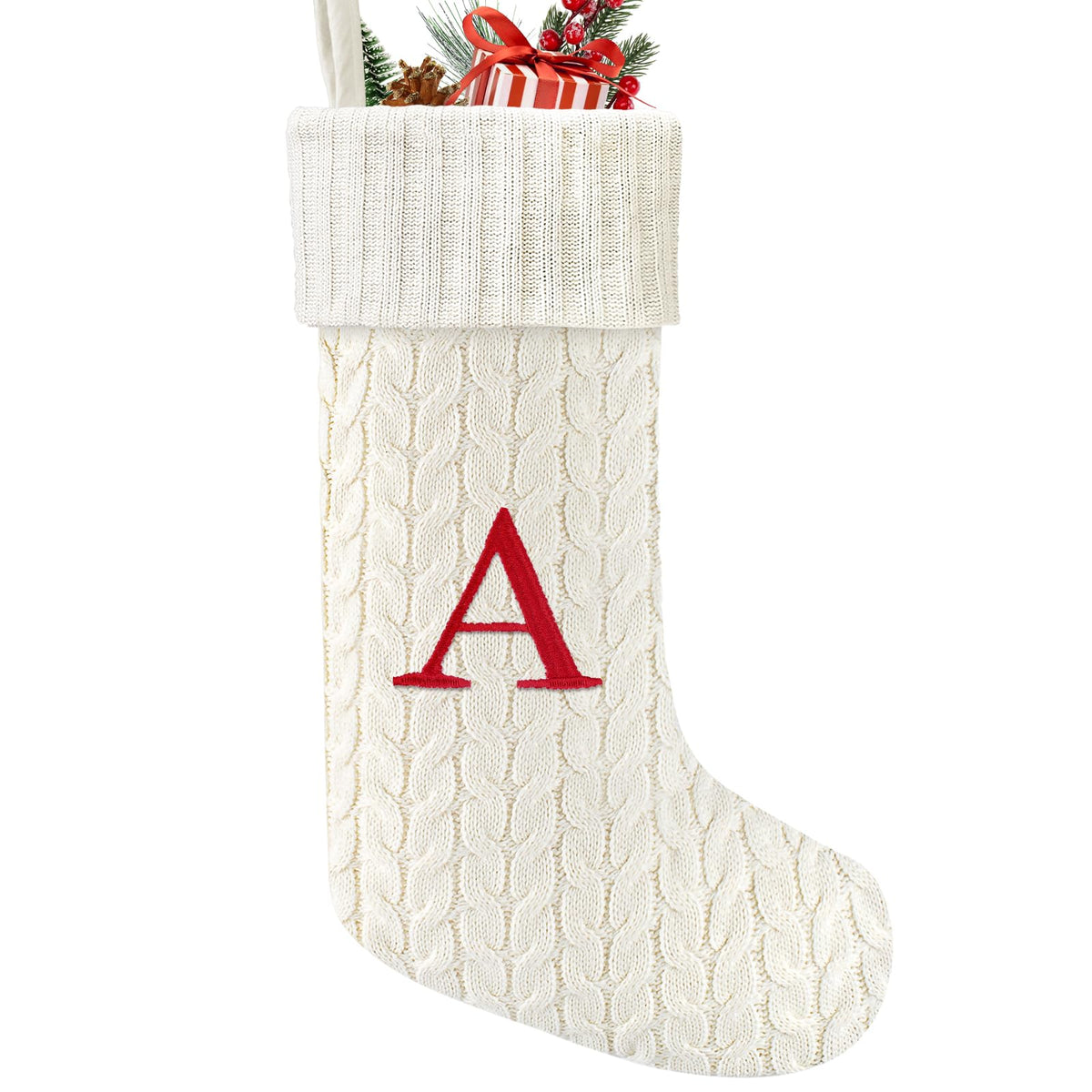 Yoochee 21 Inches Knitted Christmas Stockings with Initials, Large White Custom Monogram Embroidery Christmas Stockings with Letter, Personalized Xmas Decoration for Holiday Family Party-A