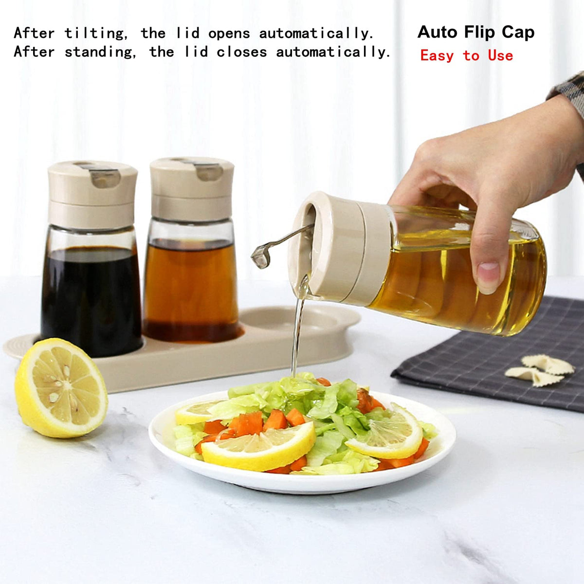 TIAN CHEN Soy Sauce Dispenser Set, Auto Flip Cap Vinegar Bottles, 3 in 1 Leakproof Glass Cooking Oil Container with Base Small(8.5OZ, Apricot)