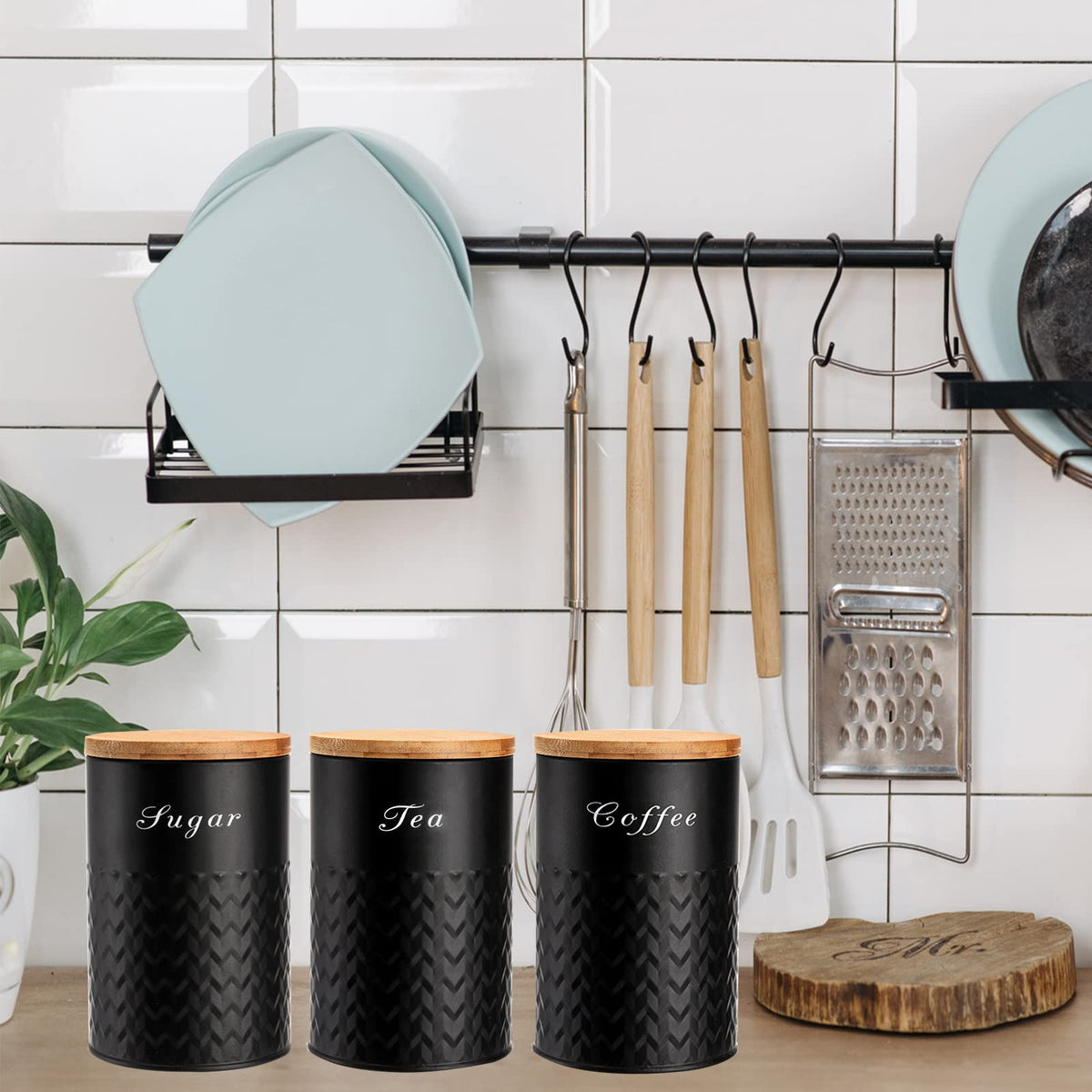 Bekith 3 Pack Kitchen Canisters with Bamboo Lids, Airtight Metal Canister Set, Food Storage Containers Jars for Coffee, Sugar, Tea, Flour, Rustic Kitchen Decor Containers, Black