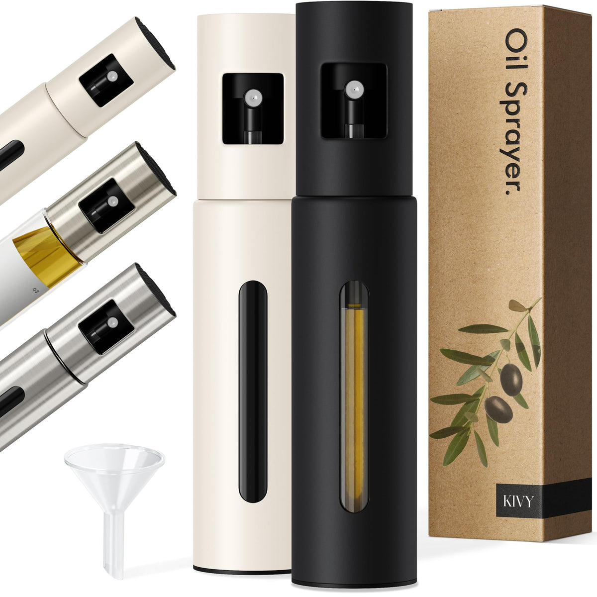KIVY Glass Oil Sprayer Set of 2 for Cooking, Salads, BBQs & Airfryer – Innovative Spray with Portion Control - Oil Spray Bottle with Stainless Steel Body - Olive Oil Sprayer - Cooking Oil Mister