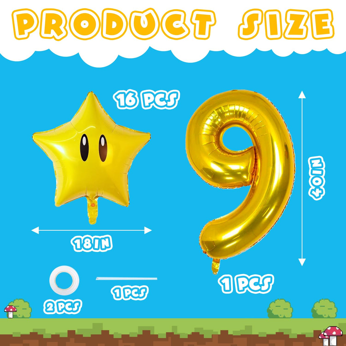 16PCS Foil Star Balloons, 40Inch Number 9 and Star Foil Balloons For Game Theme 9th Birthday Party Decorations Children Party Supply Party Decor （9th）