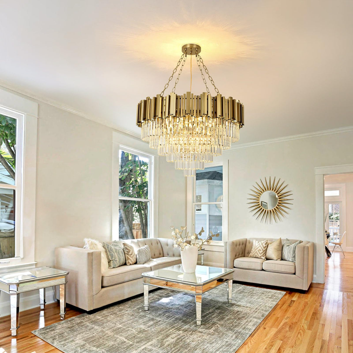 AOOCHOK Modern Crystal Chandelier Gold Pendant Light Fixtures, Round Crystal Pendant Lighting for Living Room, Dining Room, Bedroom, Restaurant, E12 x 12, Φ30inch