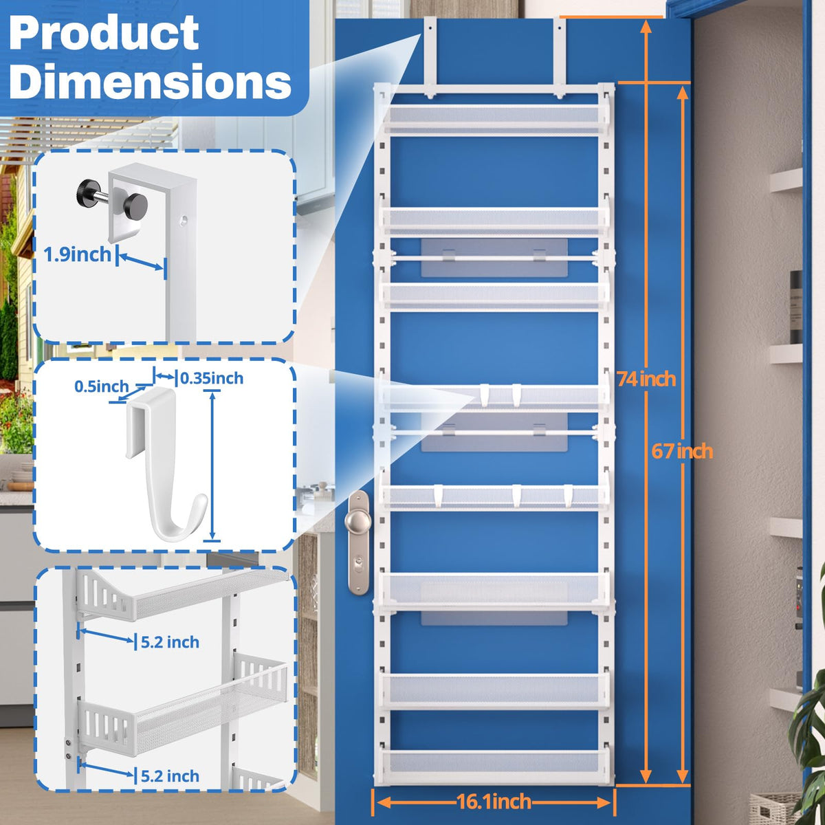 coobest 8-Tier Over the door Spice Rack Organizer, Large Heavy Duty Metal Wall Mount or Over The Door, 2 in 1 Rust-Proof Hanging Storage Shelf for Kitchen Pantry, Bathroom, Laundry Room, Closet