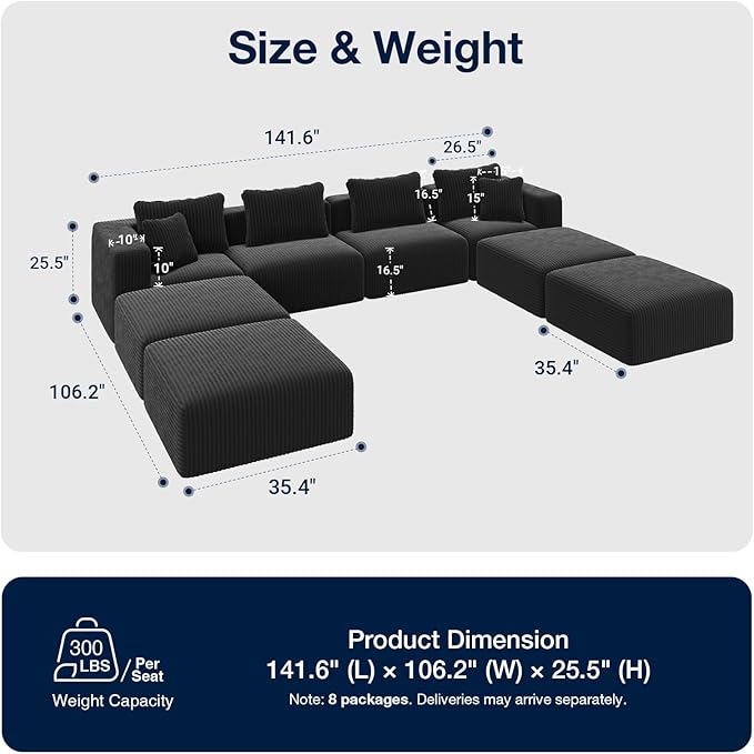 Avenco 141” U-Shaped Modular Sectional Couch Sofa