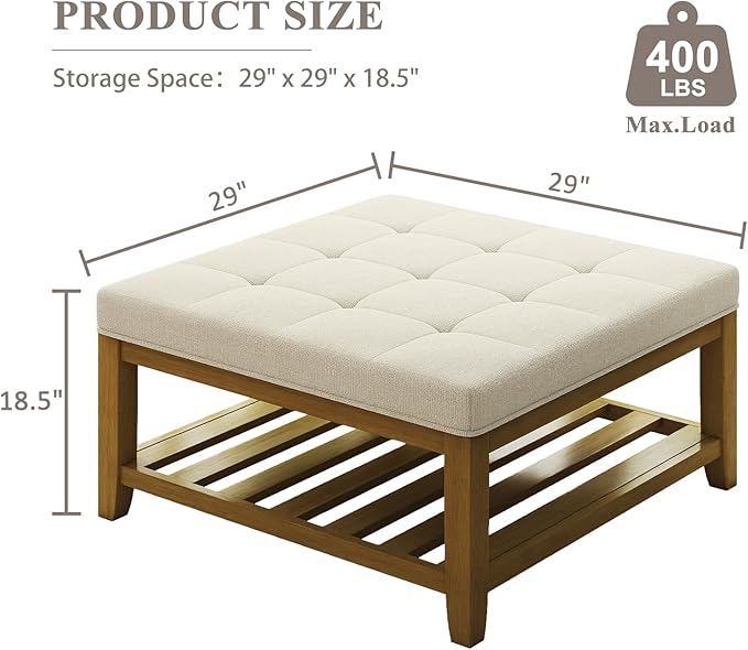 Befurtori Large Square Ottoman Coffee Table, Linen Solid Upholstered Footrest