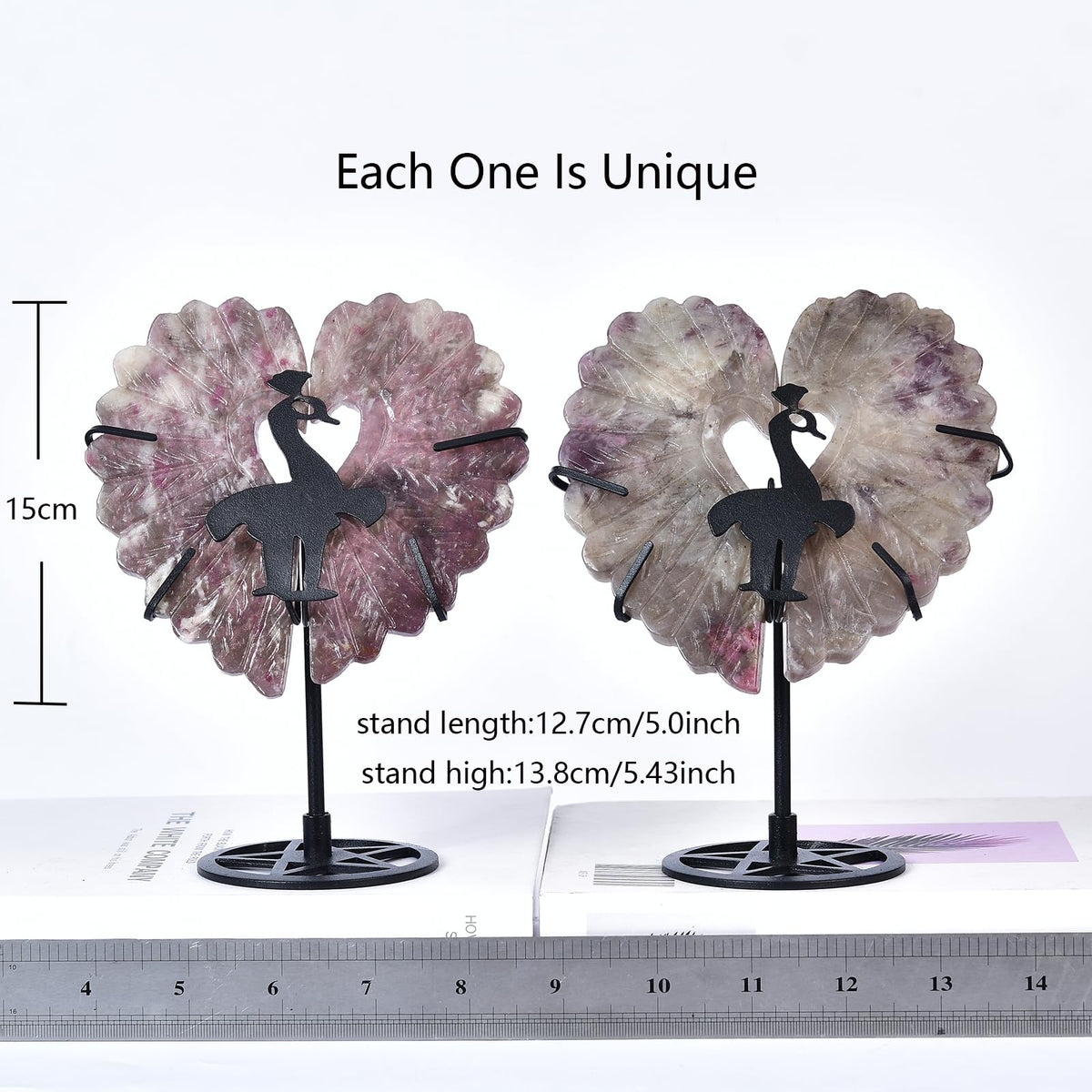 JIC Gem Extra Large Plum Blossom Tourmaline Heart Crystals Stones Healing Crystal Heart Stones Ornament Carved Angel Wing with Display Stand Home Decor Reiki Healing（1 Pair,15-16cm