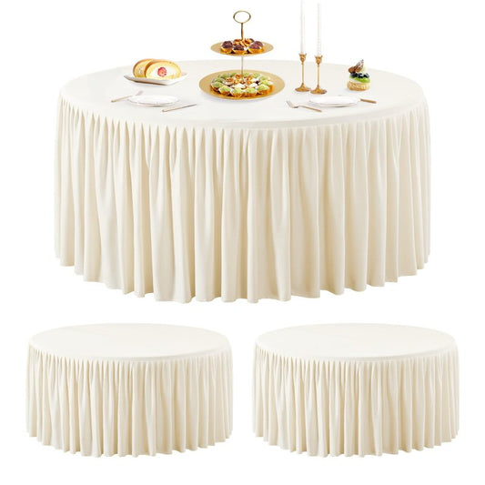 Wish Care 2 Packs 6FT Round Tablecloth 72Inch, Ivory Stretchy Fitted Table Cloths, Wrinkle Resistant Polyester Table Cover with Pleated Ruffle Skirt for Party, Wedding and Banquet Decoration