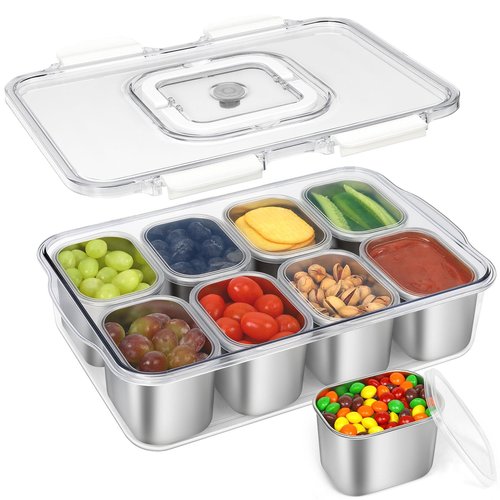 FANCILLA Snackle Box Container, 8 Compartment Stainless Steel Divided Serving Tray with Lid and Handle - Dishwasher Safe Clear Travel Party Snack Box, Versatile for Fruit Candy Nuts Veggie