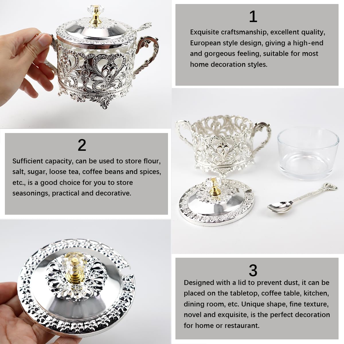 LNQ LUNIQI Glass Sugar Bowl with Lid and Spoon Vintage Kitchen Food Canister Condiment Pot Storage Jar Seasoning Containers for Home Restaurant Kitchen（Silver）