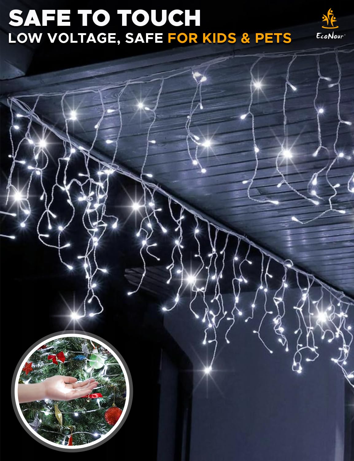EcoNour Cool White Easter Icicle Lights for Outside, 114.82 FT 1000LED Outdoor Icicle Lights with 8 Mode, 8HR Timer, Memory Function, Clear Wire connectable, Plug in Fairy Lights for Roofline, Party