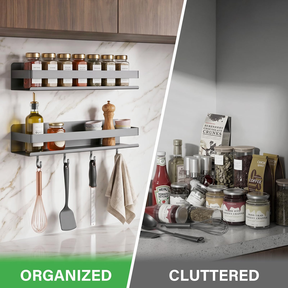 TIMBERHIDE 2-Pack Wall Mount Spice Rack,Easy to Install on the anywhere,Carbon Steel Kitchen Organizer with Hooks for Oil Salt Seasonings&Bathroom Toiletries,Grey