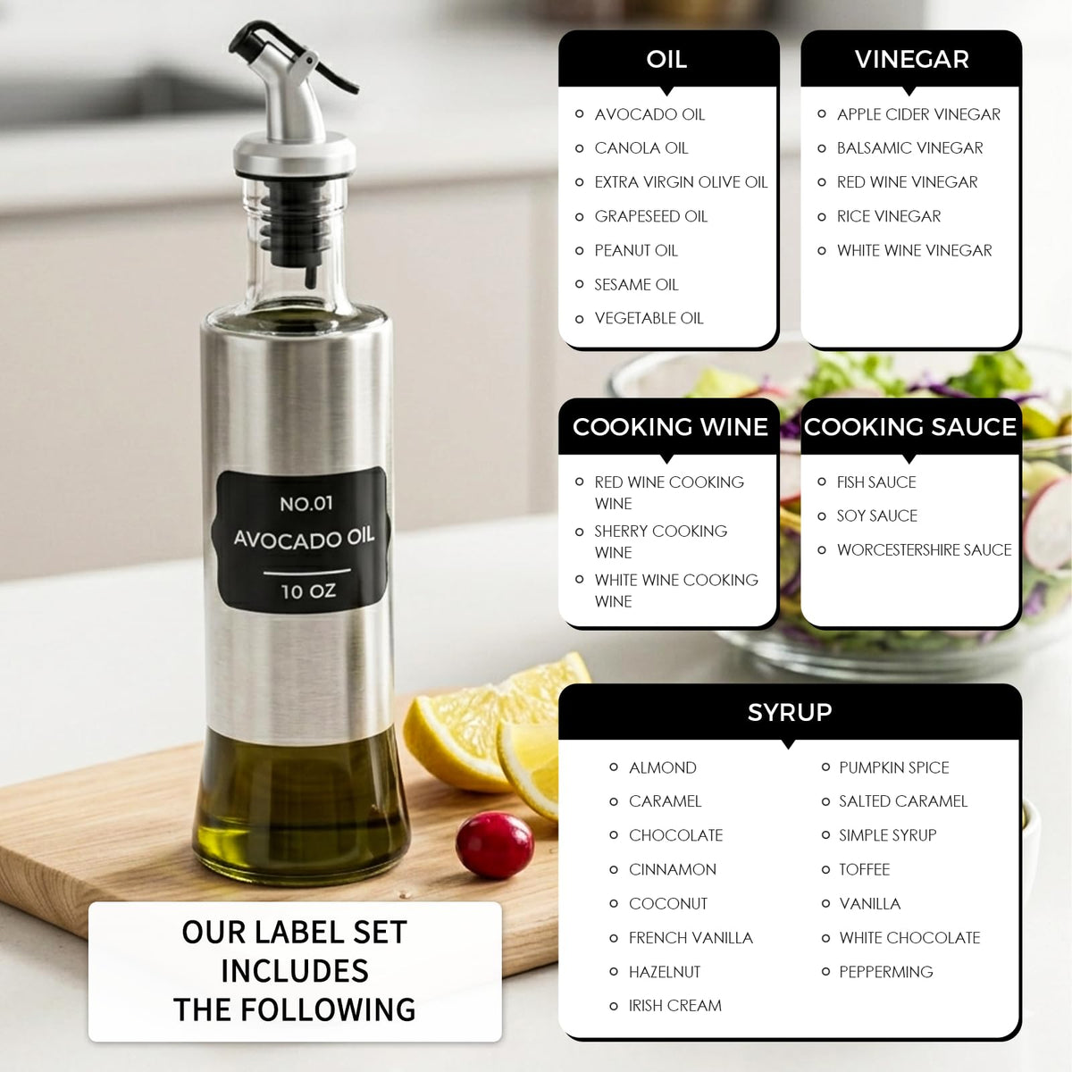 LIONTOTO Olive Oil Dispenser for Kitchen, 4 Pack 10oz/300 ML Cooking Oil and Vinegar Dispenser Set with 20 Labels Stainless Steel Funnel, Olive Oil Bottle, Soy Sauce Dispenser, Coffee Syrup Bottles