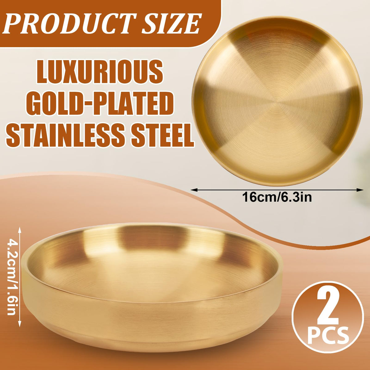 Key Bowl for Entryway-2 Pack Gold Table Decorative Key Dish for Organizing Tabletop Catch All Bowl Gold Fruit Bowls for Kitchen Counter, Coffee Table-Thick SUS 304 Stainless Steel 6.3"