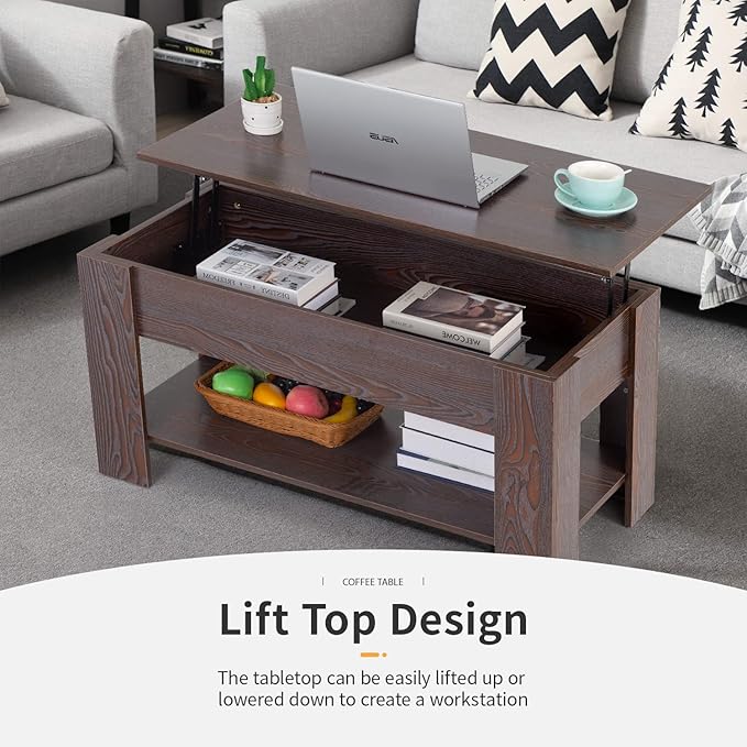 FDW Lift Top Coffee Table with Hidden Compartment and Storage Shelf Wooden Lift