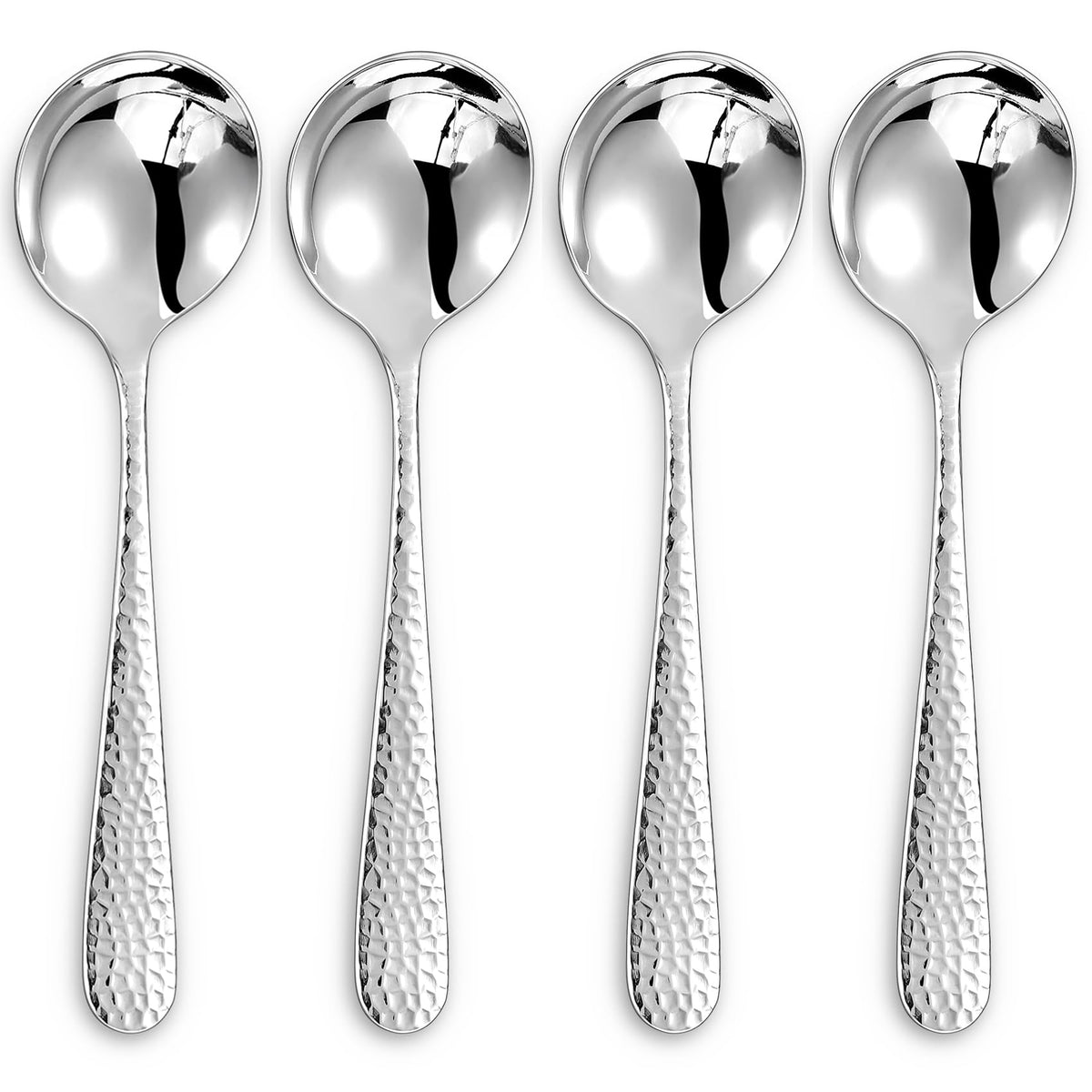 KEAWELL Premium 4-Piece Louise Hammered Spoons Set, 18/10 Stainless Steel, Set of 4, Fine Spoon Set with Round Edge, Dishwasher Safe (7" Soup Spoons)