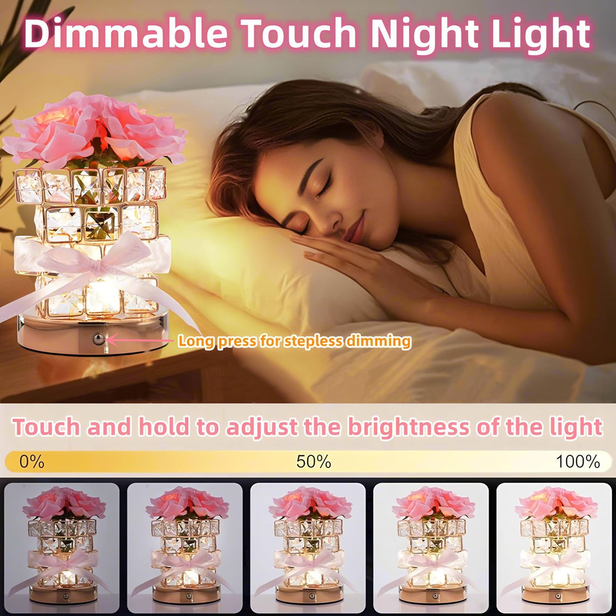 Rose Flower Lamp,Rose Gifts for Women Mother,Rechargeable Cordless Touch Small Flowers Night Light,3-Colour Stepless Dimming Crystal Bedside Lamps,Birthday Gifts for Mom Wife Girlfriend Home Decor