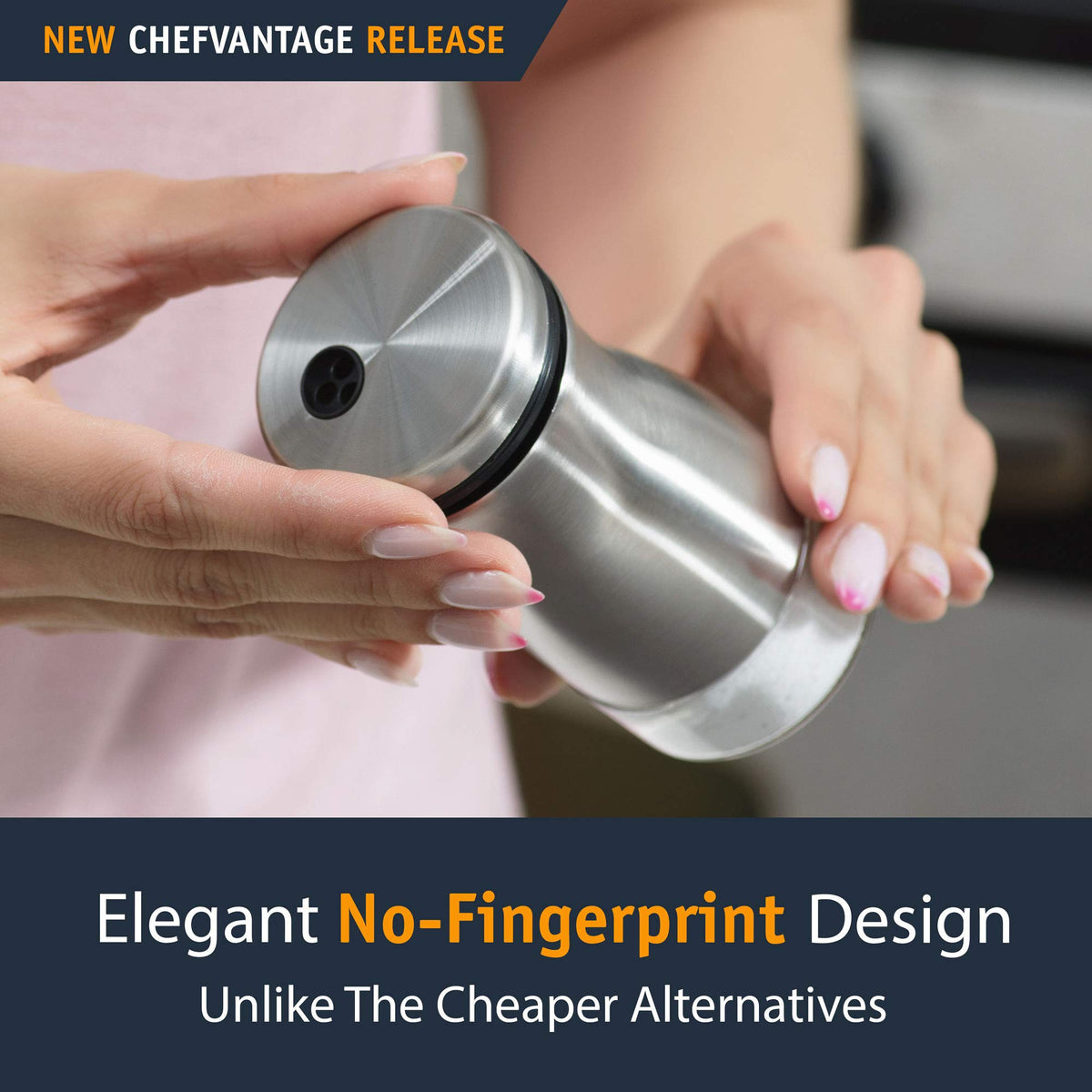 Salt and Pepper Shakers Set with Adjustable Pour Holes by CHEFVANTAGE - Stainless Steel