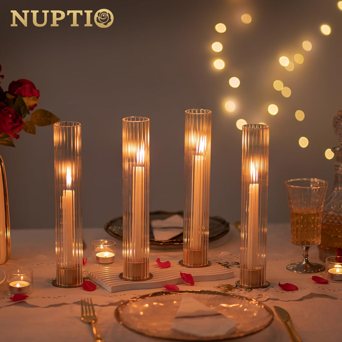 NUPTIO Hurricane Candle Holder for Centerpiece: Set of 10 Metal Taper Candle Holders with Fluted Glass Cylinders - Gold Candlestick Holders Bulk for Outdoor Party Dinner Wedding Table Decoration
