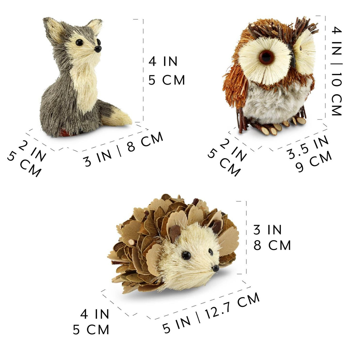 AuldHome Design Woodland Friends Figurines (Set of 3, Fox/Owl/Hedgehog); Forest Animals Decor for Fall, Christmas, Winter and Themed Decor or Parties