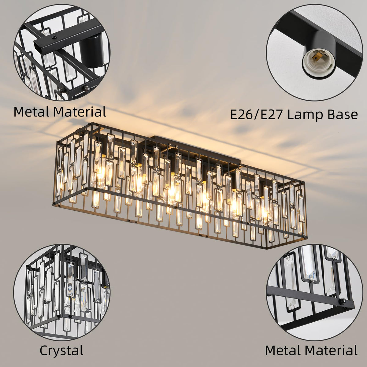 Garwarm 38.7 inch Modern Ceiling Light,6-Light Crystal Chandelier Black Rectangle Chandeliers, Dining Room Light Fixture Flush Mount for Living Room Kitchen Island Bar