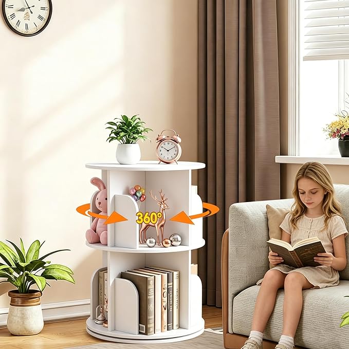 RUNSUNSPRI 2 Tier Rotating Bookshelf Tower Spinning Bookshelf Revolving