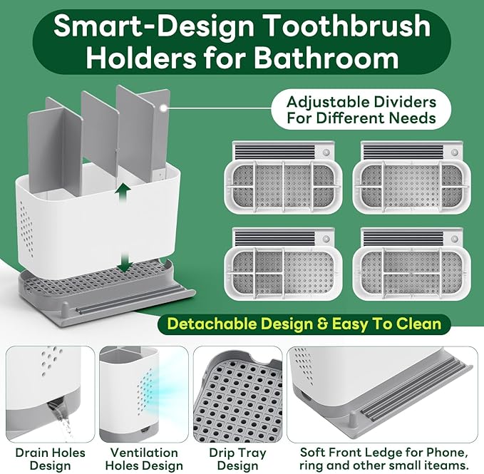 Toothbrush Holders for Bathrooms, Adjustable 6 Slots Electric Toothbrush and