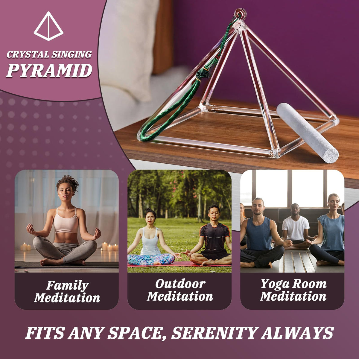WENSYING Crystal Meditation Pyramid 8 Inch Singing Bowls Crystal Musical Instrument Geometric Tripod Yoga Meditation Wind Chime Percussion Instrument With Percussion Stick