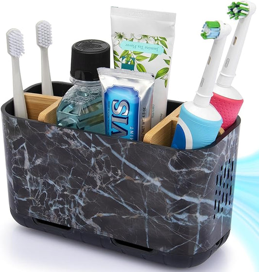 Marble Toothbrush Holders, 5 Slots Bamboo Toothbrush and Toothpaste Holder