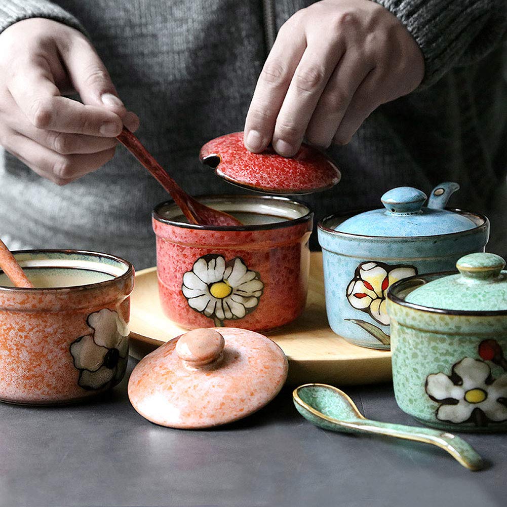 VanEnjoy Traditional China Retro Hand Painted Flower Ceramic Round Sugar Spice Containers Porcelain Jar with Spoon Round Condiment