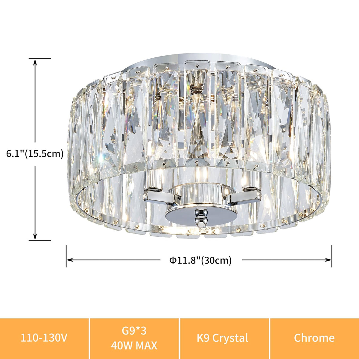ElegLumi Crystal Ceiling Light, 3-Light Modern Flushmount Ceiling Light for Living Room, Dinning Room Hallway, D12xH9inch, Chrome Finish Frame & K9 Crystal