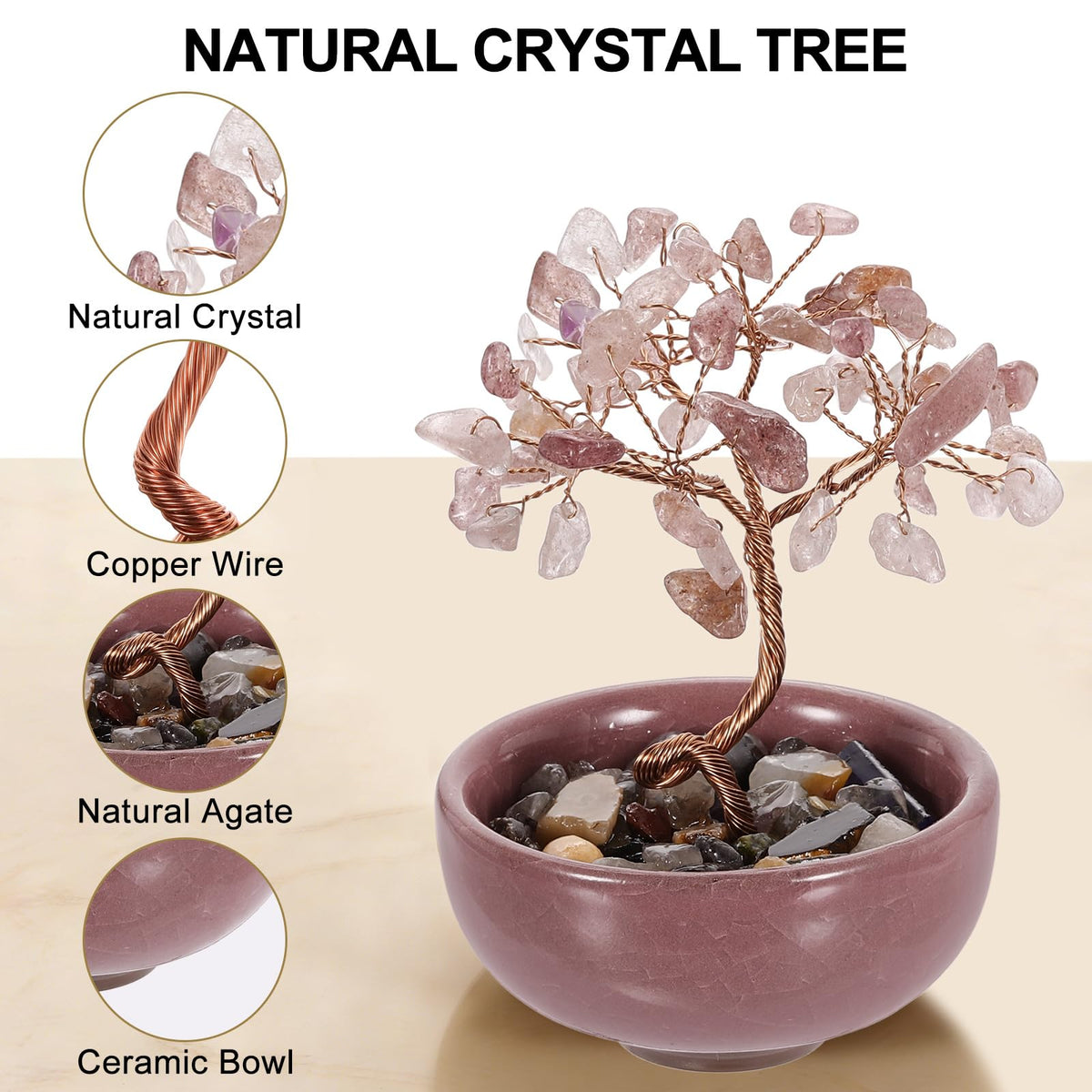 MECCANIXITY 7 Chakra Crystal Tree of Life, Natural Strawberry Crystal Gemstone Tree Handmade Feng Shui Bonsai with Agate Base for Positive Energy, Luck, Home Office Decor (4x2.4Inch Pink)