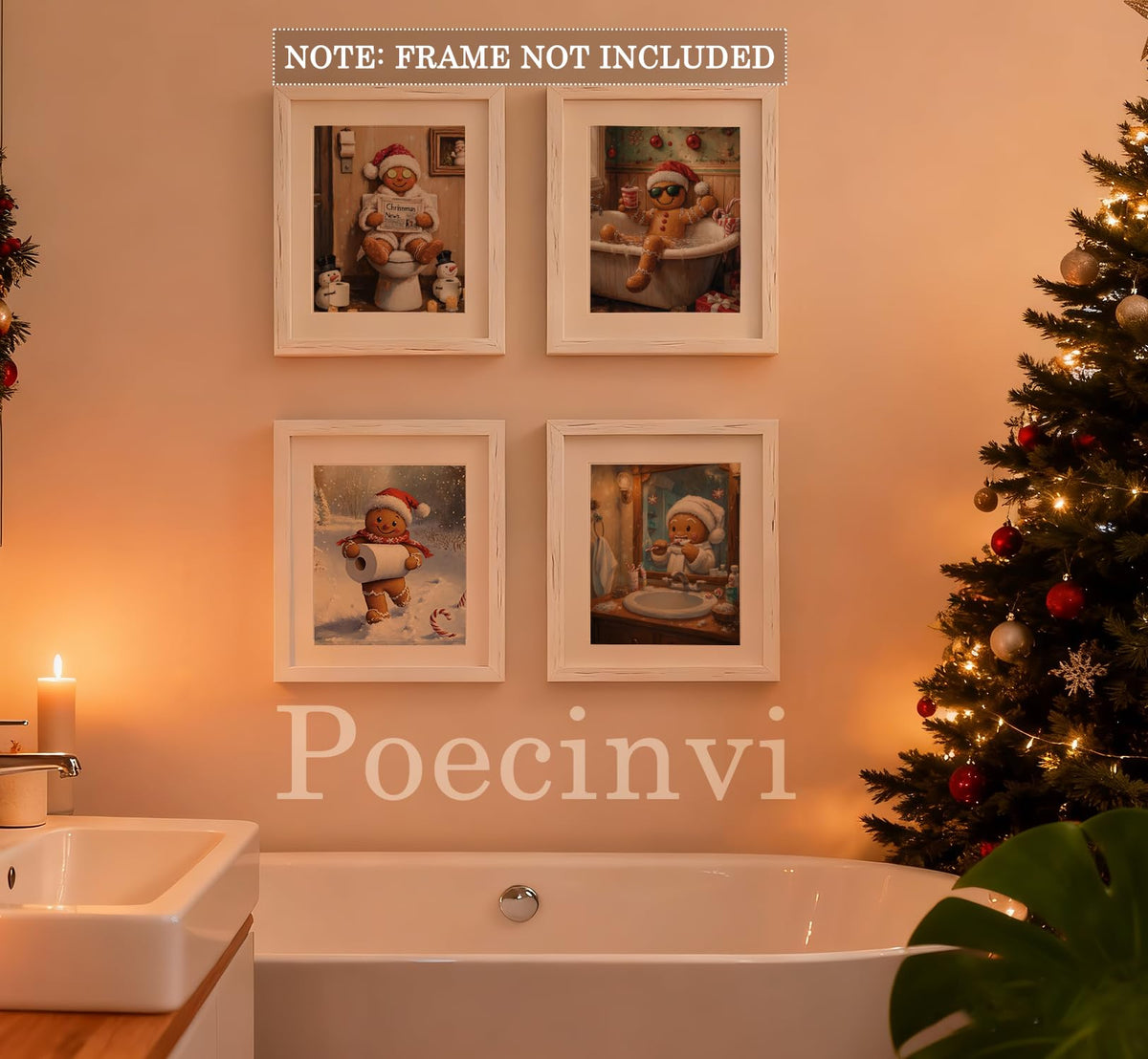Poecinvi Funny Christmas in July Gingerbread Man Bathroom Wall Art Prints Set of 4, Funny Christmas Bathroom Decor, Gingerbread Man Posters Pictures Wall Decor for Bath Room Washroom, 8x10 Unframed