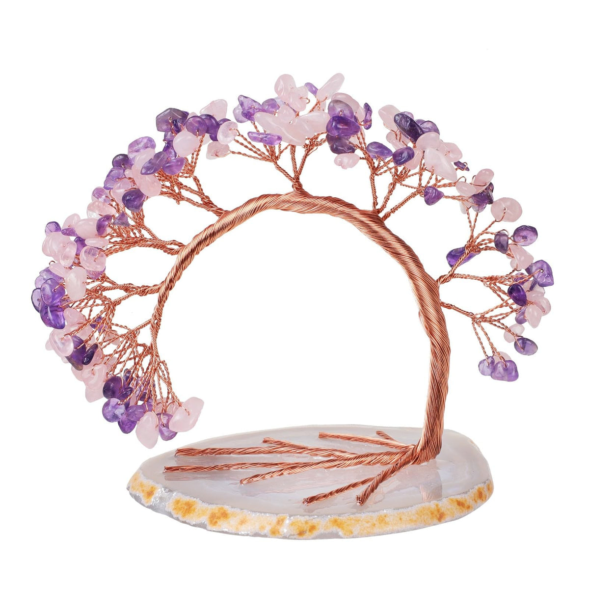 dssmboom Handmade Amethyst & Rose Quartz Crystal Tree on Agate Slice Base, Feng Shui Stone Money Tree Bonsai for Home Office Decoration, 4.5"-5.2"
