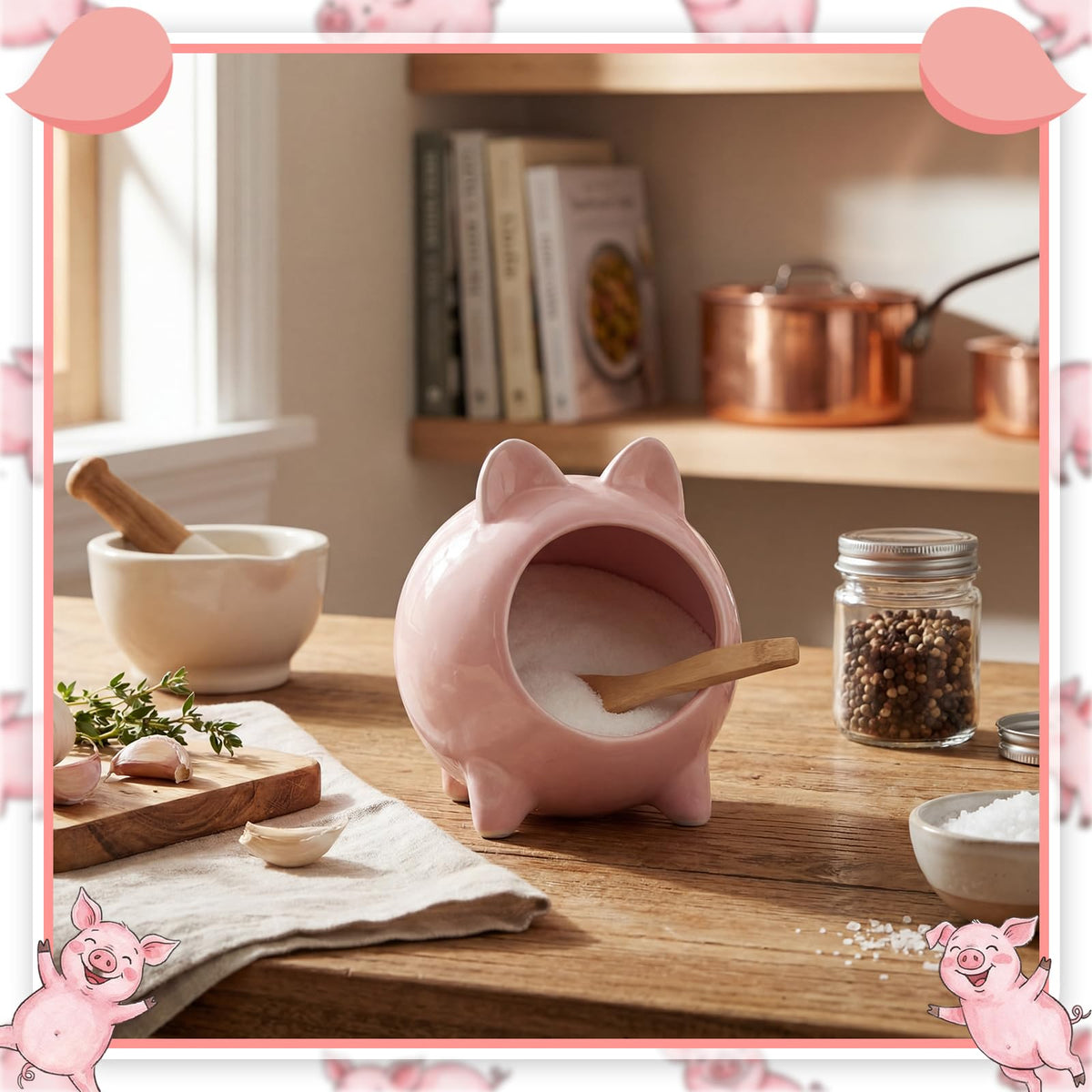 Sliner Ceramic Salt Pig with Wooden Spoon Pink Cute Pig Shaped Salt Cellar Holder Countertop Storage Container for Kitchen Counter Dishwasher Safe