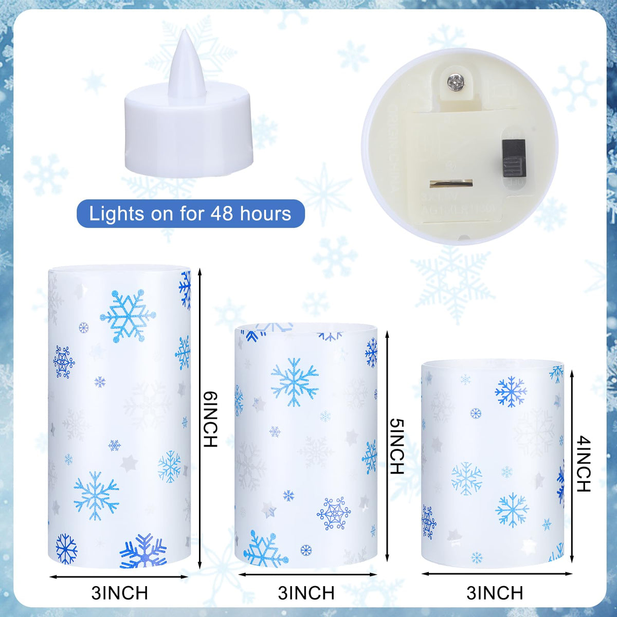 Baquler 3 Set Snowflake Flameless Candles Christmas Winter Themed Lampshade with LED Tea Lights Silver and Blue Snowflake Candle Decorations for Xmas Winter Tabletop Fireplace Home Decor